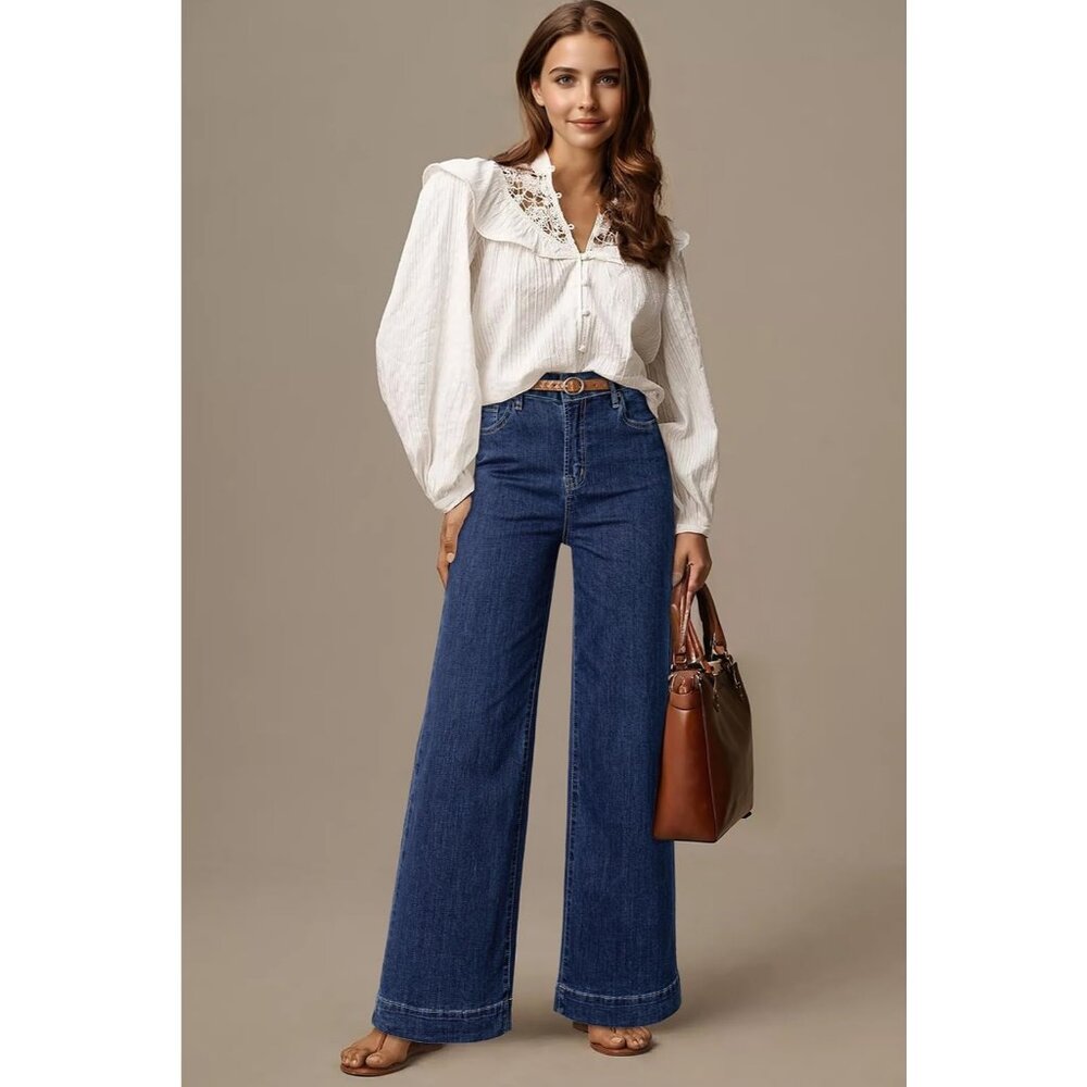 Women's Bluing Waisted Wide Leg Denim Jeans Stretchy Loose Pants with Pockets - Picture 4 of 5